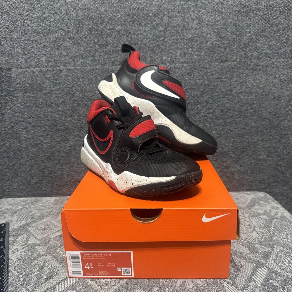 Nike Team Hustle D 11 Shoes Youth Size 4.5 Black Red Basketball Strap DV8996-003
